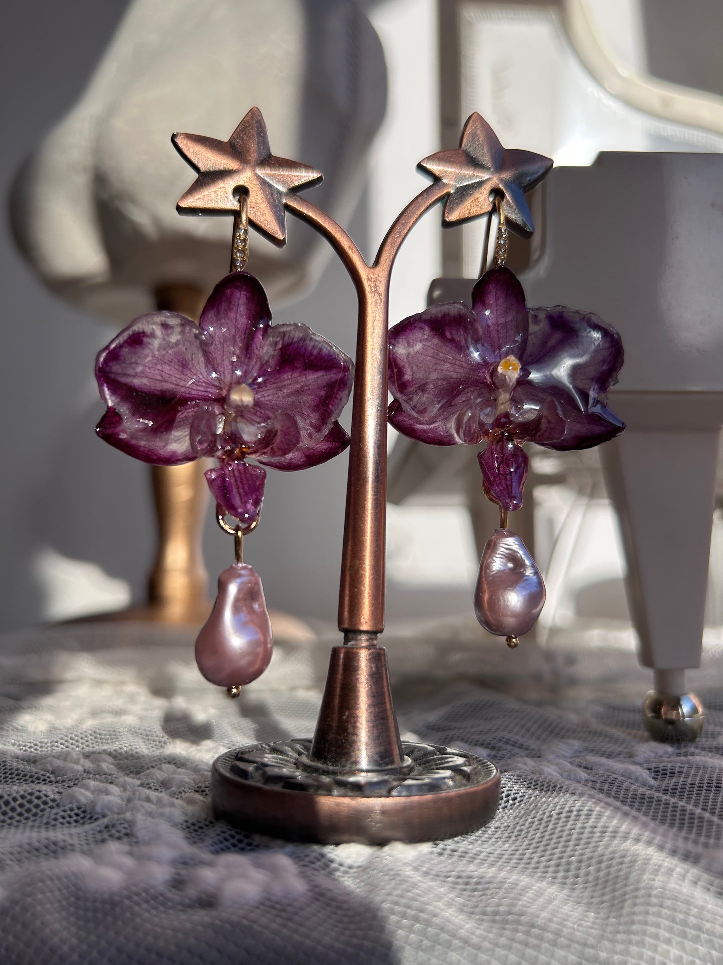 Purple orchid earrings