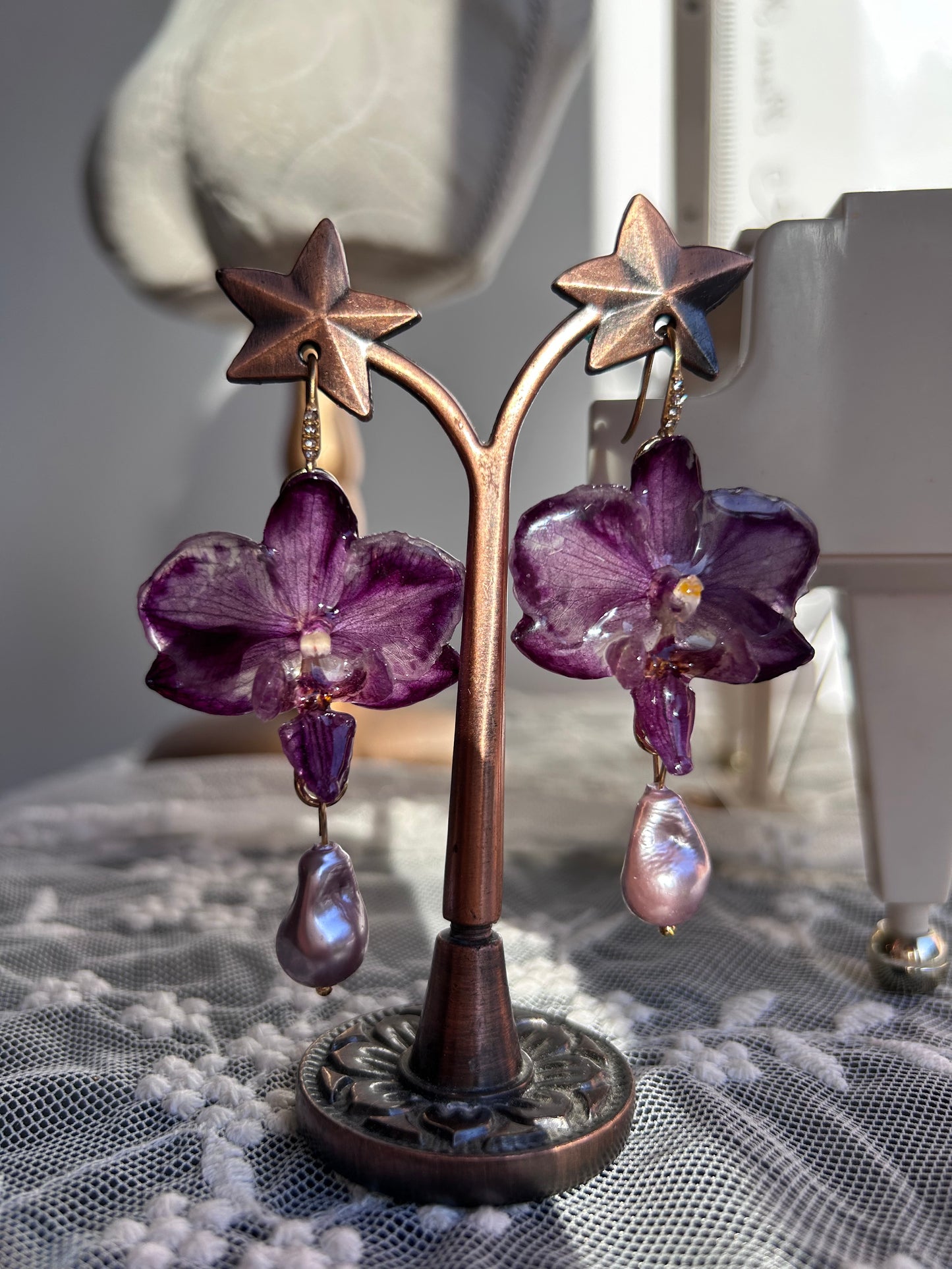 Purple orchid earrings