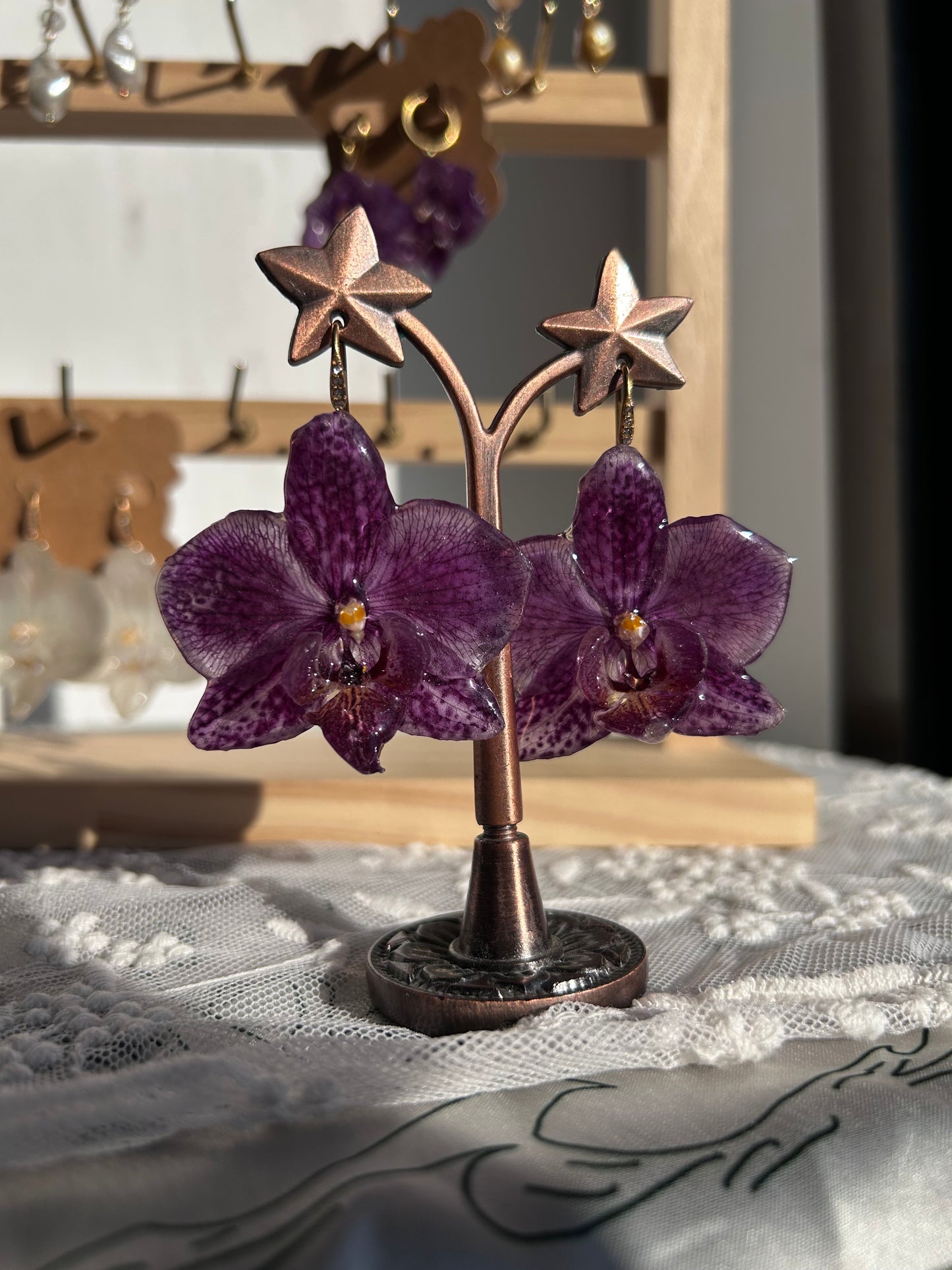 Purple orchid earrings