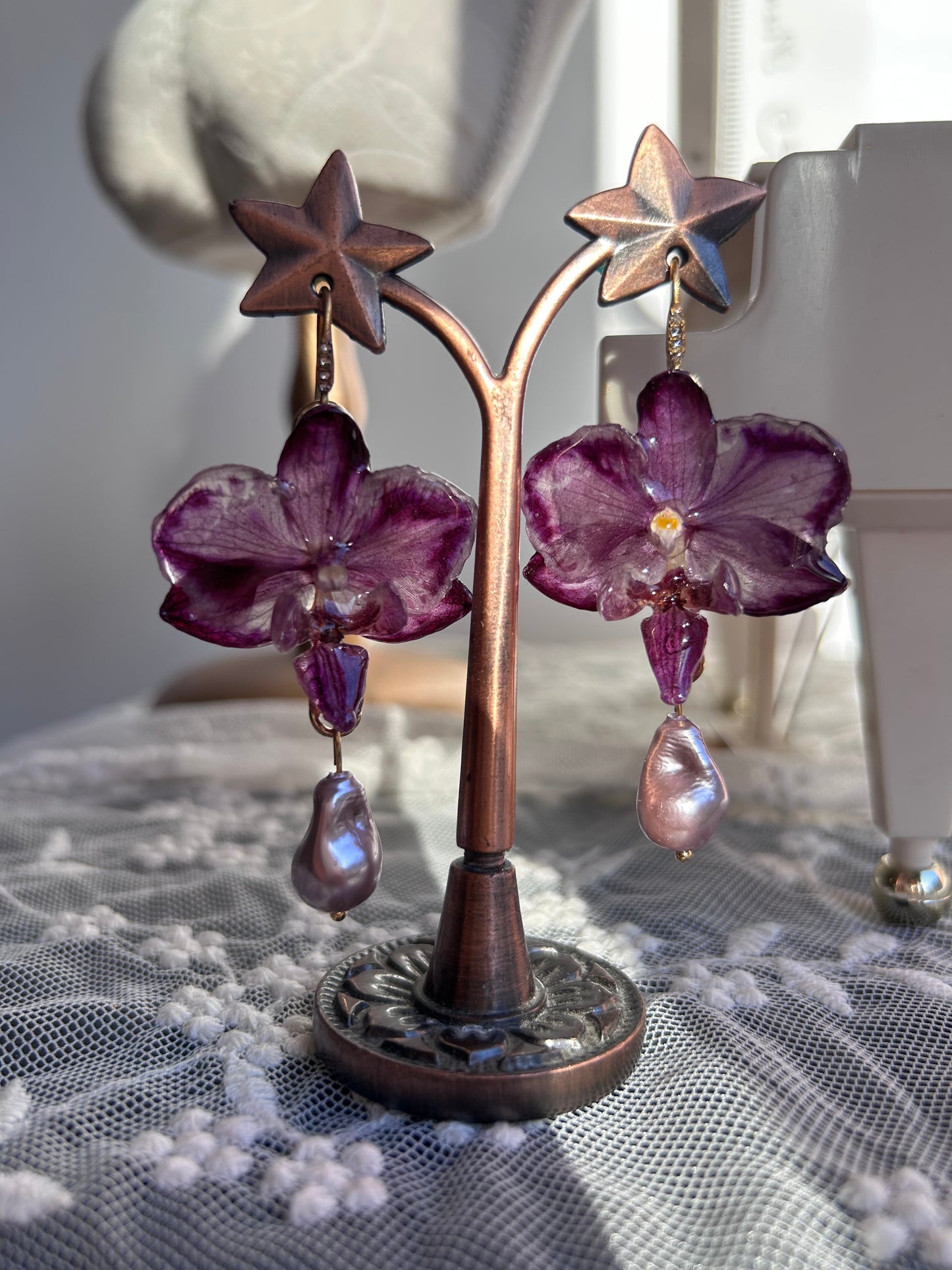 Purple orchid earrings