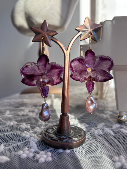 Purple orchid earrings