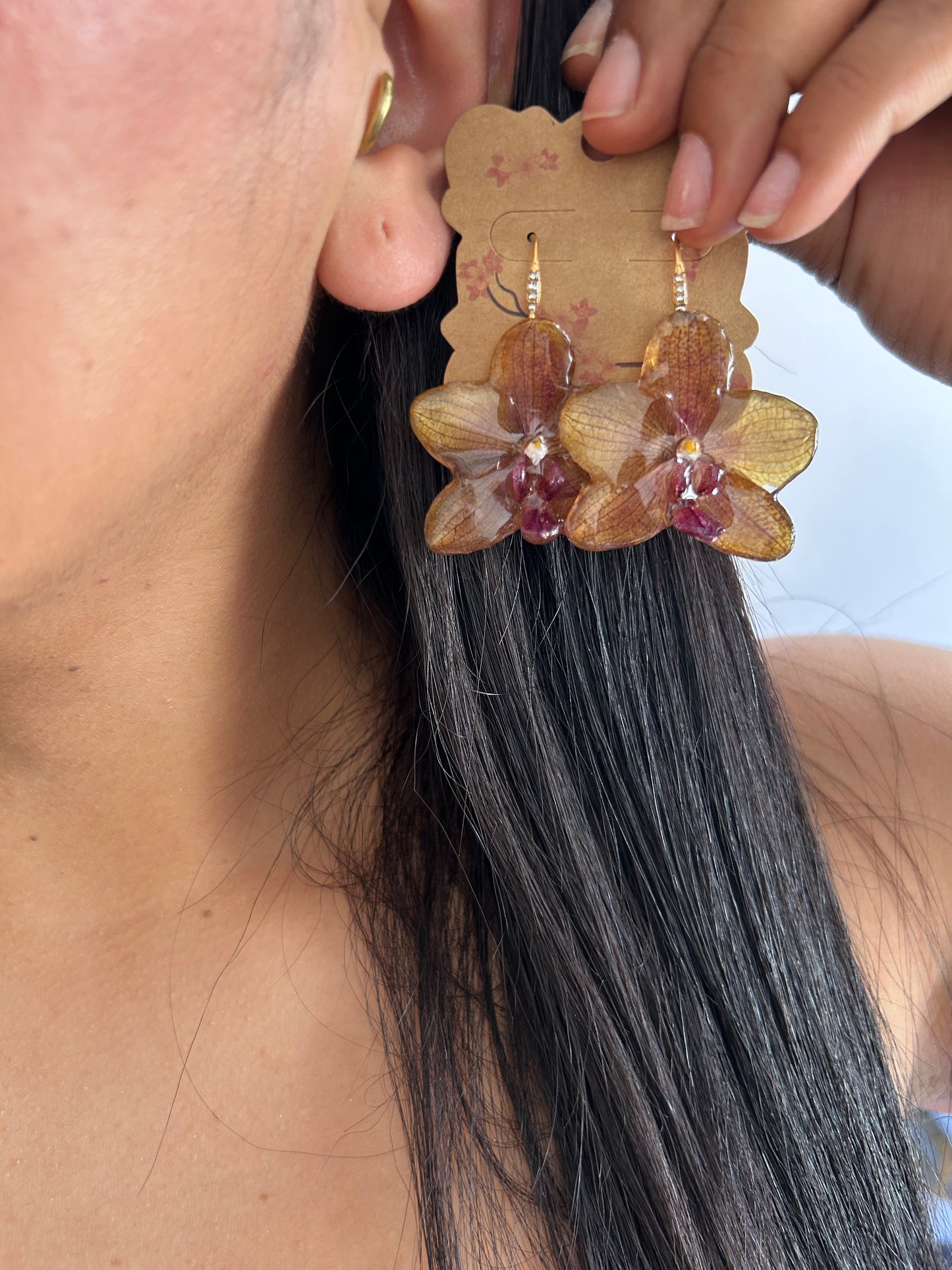 Orange orchid earrings